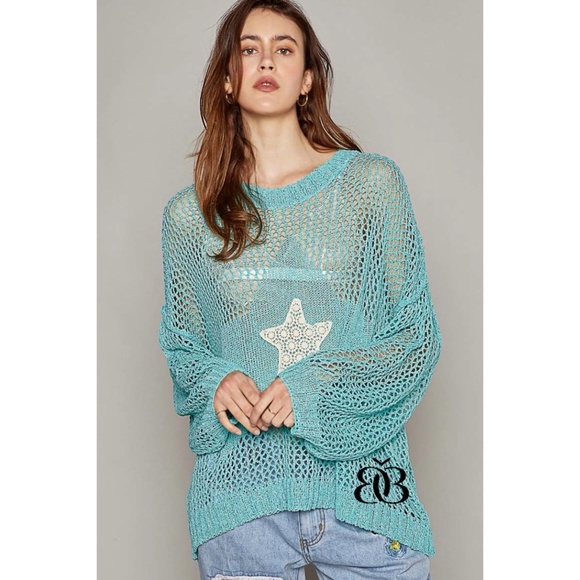 POL Blue Oversized Open Knit Sweater with Center Star Patch - Picture 9 of 11